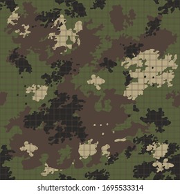 Camouflage classic seamless pattern with line grid. Clothing style with green. Vector background.