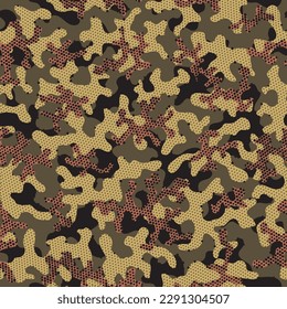 Camouflage Clothes Beige Seamless Creative Graphic Art. Brown Seamless Doted Graphic Design. Desert Camouflage Seamless Pattern. Khaki Repeated Digital Vector Pattern. Camoflage