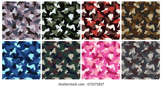 Camouflage clothing army seamless pattern. Set of military camo various color combination background. Vector illustration.
