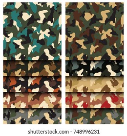 Camouflage clothing seamless patterns set. Collection military camo various color combination. Vector illustration.