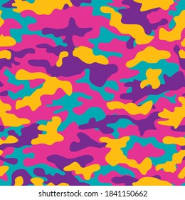 Camouflage color. Seamless pattern. Colorful camo vector ornament. Color splash abstract cartoon background. Banner design element. Vector design illustration.