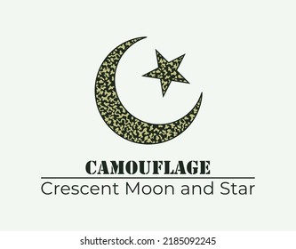 Camouflage Crescent Moon and Star with Camo Pattern Illustration.