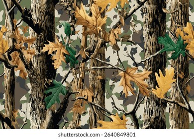 Camouflage design. Seamless pattern. Hunting camouflage pattern. Woodland. Digital camouflage. Real tree hunting pattern. Vector camo. Forest background. Jungle texture. Abstract