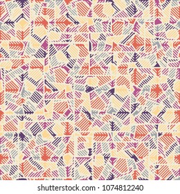 Camouflage editable pattern of squares broken into multi-colored fragments and scattered chaotically. Over the superimposed grid of rounded squares of diagonal striation. Fashionable, stylish, youth.