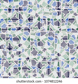 Camouflage editable pattern of squares broken into multi-colored fragments and scattered chaotically. Over the superimposed grid of rounded squares of diagonal striation. Fashionable, stylish, youth.