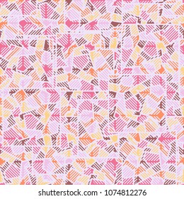 Camouflage editable pattern of squares broken into multi-colored fragments and scattered chaotically. Over the superimposed grid of rounded squares of diagonal striation. Fashionable, stylish, youth.