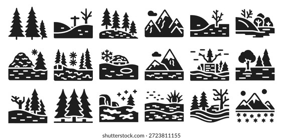 Tarnumgebungssymbole. Solide, gefüllte Icon-Set von Camouflage-Umgebungen Wald, Wüste, Schneefeld, Sumpf, Berg