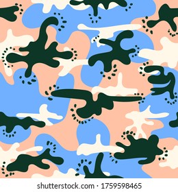 Tela de camuflaje sin fisuras. Impresión para diseño textil. Fondo de textura mimética colorida. Ilustración vectorial dibujada a mano.