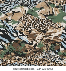 Camouflage fabric wild animal skins patchwork wallpaper abstract vector seamless pattern