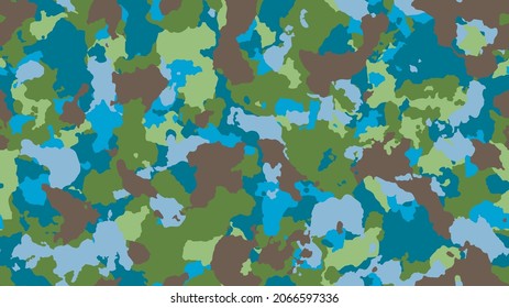 Camouflage fashion cyan seamless pattern. Bright abstract army background. Military wallpaper. Urban city camo illustration for fabric, textile or prints - Vector