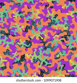 Camouflage fashion pattern seamless background. Abstract cool military texture trend shapes camouflage. Seamless pattern for children fashion cloth textile. Colorful modern style. Fabric for paintball