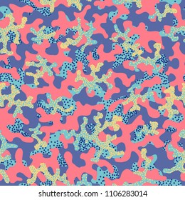Camouflage fashion pattern seamless background. Abstract cool military texture trend shapes camouflage. Seamless pattern for children fashion cloth textile. Colorful modern style. Fabric for paintball