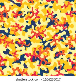 Camouflage fashion pattern seamless background. Abstract cool military texture trend shapes camouflage. Seamless pattern for children fashion cloth textile. Colorful modern style. Fabric for paintball