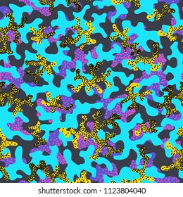 Camouflage fashion pattern seamless background. Abstract cool military texture trend shapes camouflage. Seamless pattern for children fashion cloth textile. Colorful modern style. Fabric for paintball