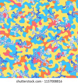Camouflage fashion pattern seamless background. Abstract cool military texture trend shapes camouflage. Seamless pattern for children fashion cloth textile. Colorful modern style. Fabric for paintball