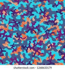 Camouflage fashion pattern seamless background. Abstract cool military texture trend shapes camouflage. Seamless pattern for children fashion cloth textile. Colorful modern style. Fabric for paintball