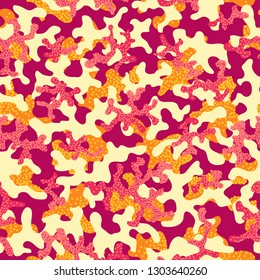 Camouflage fashion pattern seamless background. Abstract cool military texture trend shapes camouflage. Seamless pattern for children fashion cloth textile. Colorful modern style.