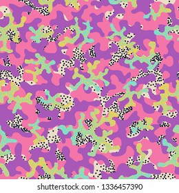 Camouflage fashion pattern seamless background. Abstract cool military texture trend shapes camouflage. Seamless pattern for children fashion cloth textile. Colorful modern style.