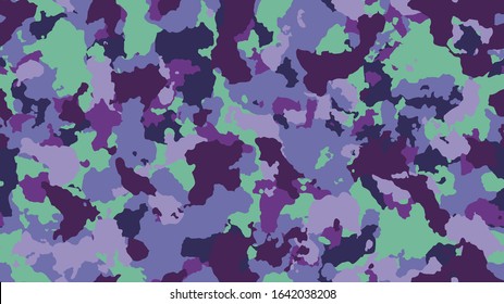 Camouflage fashion purple seamless pattern. Colorful abstract army background. Bright military wallpaper. Urban city camo illustration for fabric, textile or prints - Vector