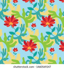 Camouflage floral swirl repetitive pattern on blue including swatch made in Illustrator