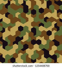 Camouflage geometric hexagonal seamless pattern texture. Abstract modern camo military fabric and fashion ornament background. Vector illustration.
