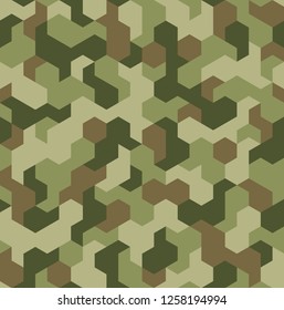 Camouflage geometric hexagonal seamless pattern texture. Abstract modern camo military fabric and fashion ornament background. Vector illustration.