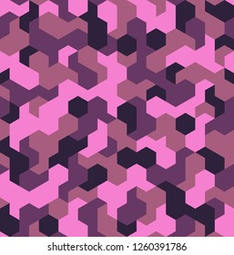 Camouflage geometric hexagonal seamless pattern texture. Abstract modern camo military fabric and fashion ornament background. Vector illustration.