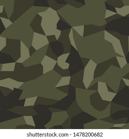 
Camouflage geometric modern seamless pattern. Military texture. Dark and green shapes on a brown background. Fabric design, clothes. Print on paper. Vector