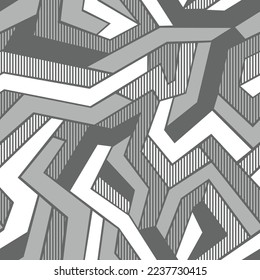 Patrón de mosaico geométrico sin soldadura de camuflaje. Resumen de textura caótica militar a rayas sin fin moderna para tela y estampado textil de moda. Fondo vectorial.