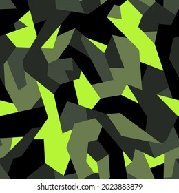 Geometrisches, nahtloses Muster in Camouflage. Abstrakte militärische endlose Textur für Stoff- und Modedruck. Vektorhintergrund.