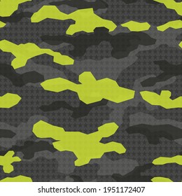 Patrón geométrico sin soldadura de camuflaje de manchas grises y amarillas. Textura militar. Diseño vectorial moderno de tejidos y prendas de vestir