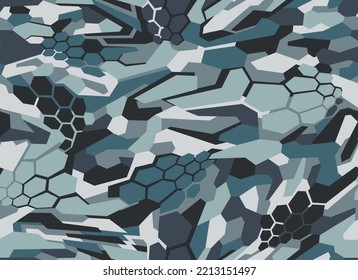 Camouflage geometric seamless pattern with hexagonal and polygonal shapes. Abstract modern digital camo texture ornament for racing vinyl print. Vector background.