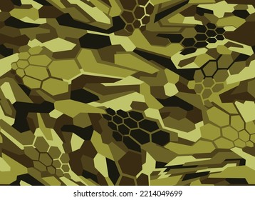 Camouflage geometric seamless pattern with hexagonal and polygonal shapes. Abstract modern digital camo texture ornament for racing vinyl print. Vector background.