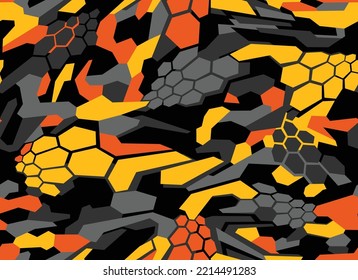 Camouflage geometric seamless pattern with hexagonal and polygonal shapes. Abstract modern digital camo texture ornament for racing vinyl print. Vector background.