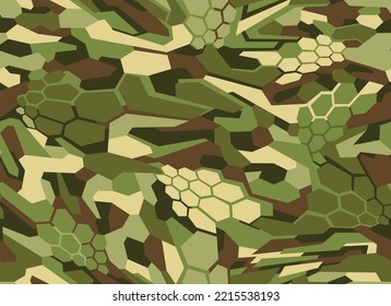 Camouflage geometric seamless pattern with hexagonal and polygonal shapes. Abstract modern digital camo texture ornament for racing vinyl print. Vector background.