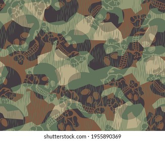 Camouflage geometric seamless pattern. Skull and bones. Woodland color scheme.