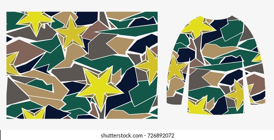 Camouflage with geometry and star.
camouflage for printed on the product.
seamless camouflage graphic for digital print
seamless vector camouflage pattern.