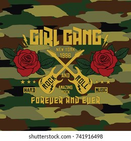 Camouflage Girl Gang New York Rock And Roll Slogan Fashion patch typography, t-shirt graphics, vectors