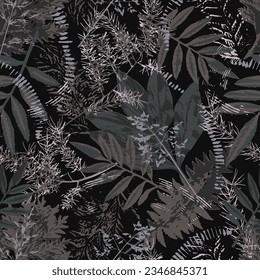 Camouflage gray pattern with leaves, foliage, grass. Grunge rough silhouette of nature elements, motifs. Dark illustration for t shirt design, textile, sport clothing, goods.