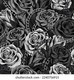 Camouflage gray pattern with lush blooming roses, gray leaves, chains. Dense composition with overlapping elements. Good for female apparel, fabric, textile, sport goods.