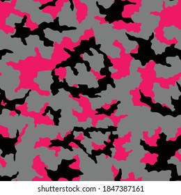 
Camouflage gray seamless pattern with pink, black spots for printing.