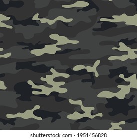 Camouflage graue Textur, unendlicher Hintergrund. Das klassische Muster für das Bedrucken von Kleidung, Stoff. Ornament