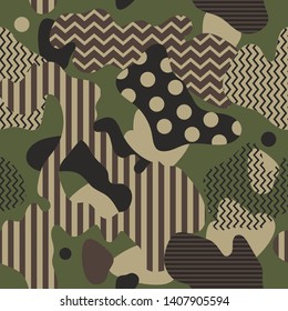 Camouflage green abstract seamless pattern with geometrical elements. Vector background.