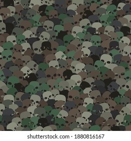 Camouflage green and brown scull silhouettes seamless pattern background. Design texture element for halloween party poster or textile print.