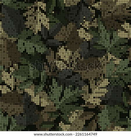 Camouflage green pattern with leaves. Pixel retro effect. Dense composition with overlapping elements. Army or hunting masking ornament for clothing, fabric, textile, sport goods design.