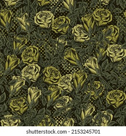 Camouflage green pattern with lush blooming roses with stems, leaves, round halftone shapes. Dense composition with overlapping elements. Good for womans apparel, fabric, textile, sport goods.