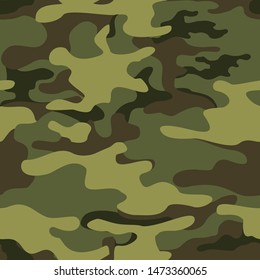 
Camouflage green seamless pattern. Classic. Military texture. Brown, light and dark spots on a green background. Clothing design. Uniform. Print on fabric on paper.