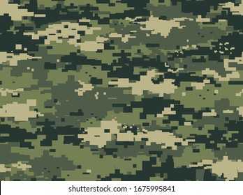 
Camouflage green seamless pattern. Modern war pixel camo. Clothing print.