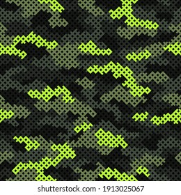 Camouflage grid seamless pattern. Abstract modern endless camo texture with square tile grid. Digital military background for fabric and fashion print template. Vector illustration.