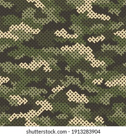 Camouflage grid seamless pattern. Abstract modern endless camo texture with square tile grid. Digital military background for fabric and fashion print template. Vector illustration.